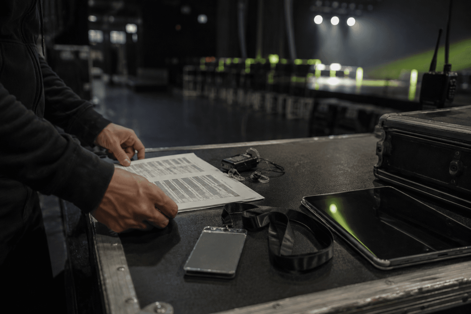 An event producer preparing a run sheet backstage.